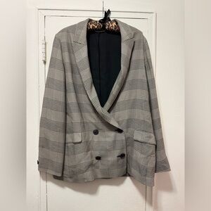 ALLSAINTS 8 Black & Cream Viscose Plaid Double Breast Oversized Blazer vintage